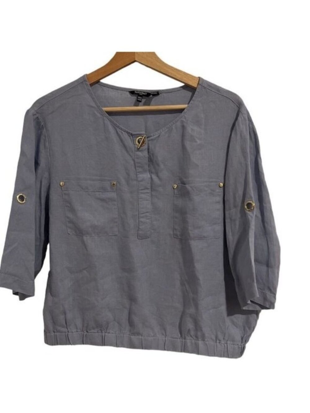 Ellen Tracy Linen 3/4 Sleeves Light Blue with Gold Detail Women’s Size M